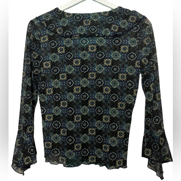 Y2K Burnout Mesh Bell Sleeve Blouse Dark Floral Print Hippie Fairy Grunge S - Picture 4 of 4